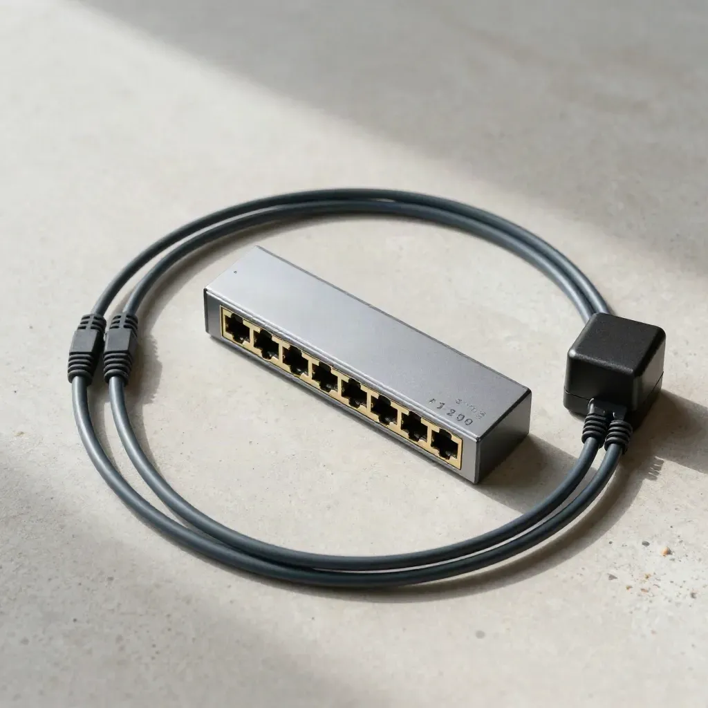 Bovenaanzicht van een 8-poorts gigabit switch met patchkabels, kabelbinder en voeding op licht steen.