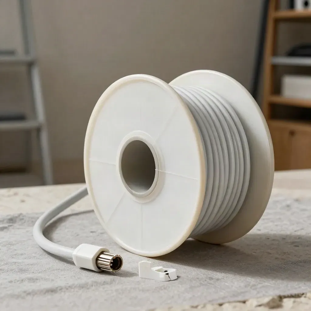 Rol Cat6a-kabel met losse lus, coupler en kabelclip op lichte steen in studio-opstelling.