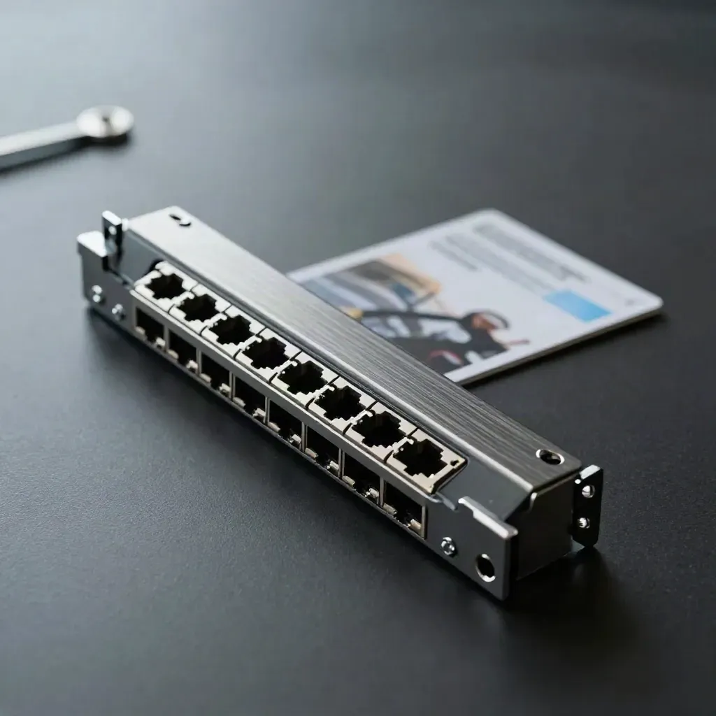Schuin patchpanel met rails en schroeven op matte zwarte studio-opstelling, top-down