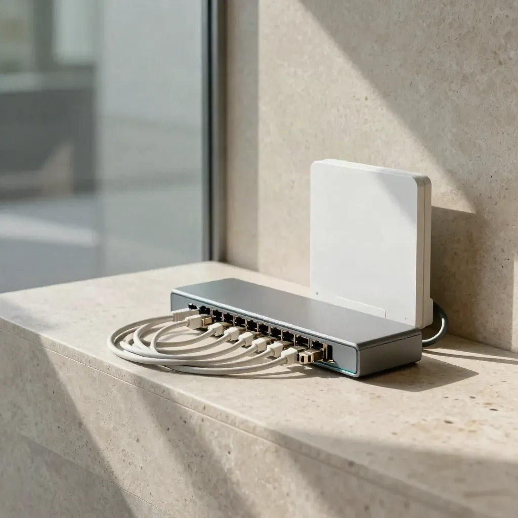 Netwerkset met switch, patchkabels, muurplaat en access point op lichte steen.