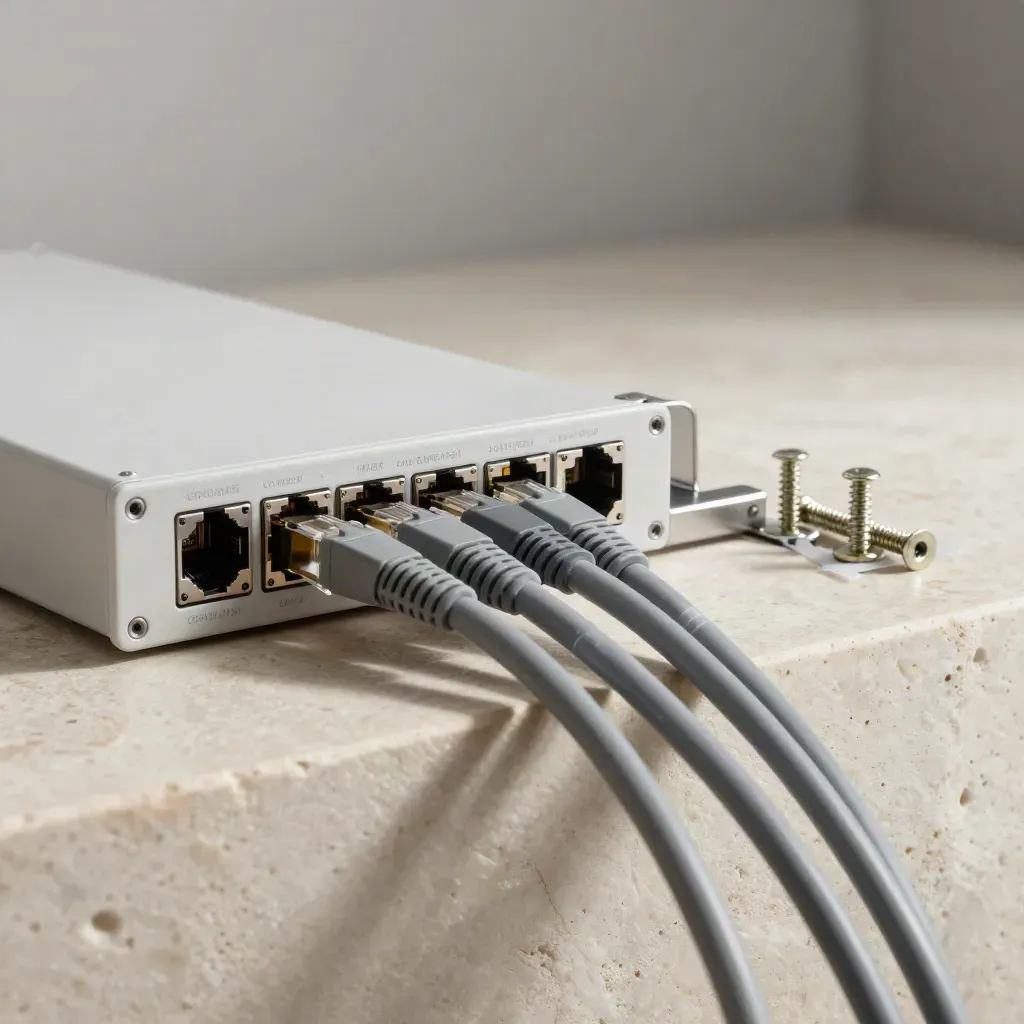 Patchpanel met netwerkkabels op een lichte stenen sokkel in mistig studiolicht.