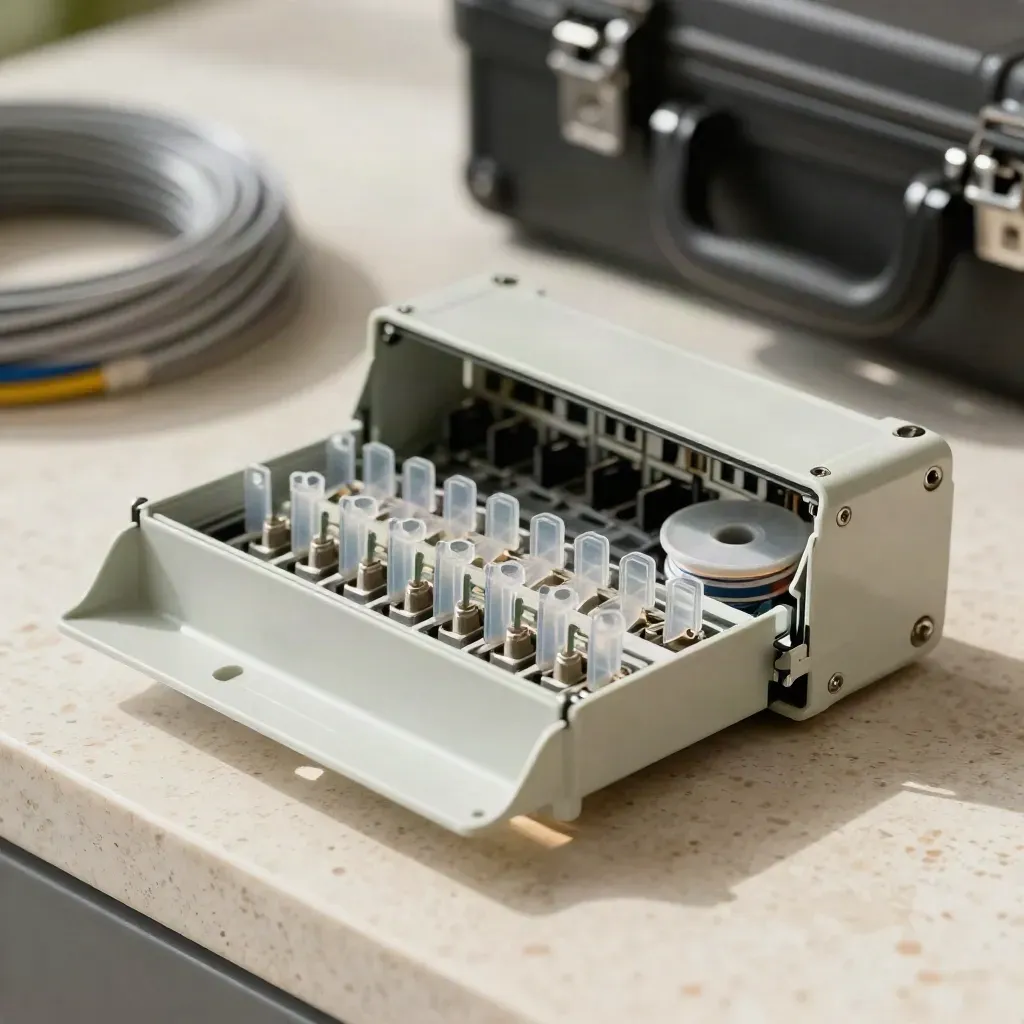 Glasvezellasdoos met open tray en vezelspoel op travertin, koel dramatisch uitgelicht.