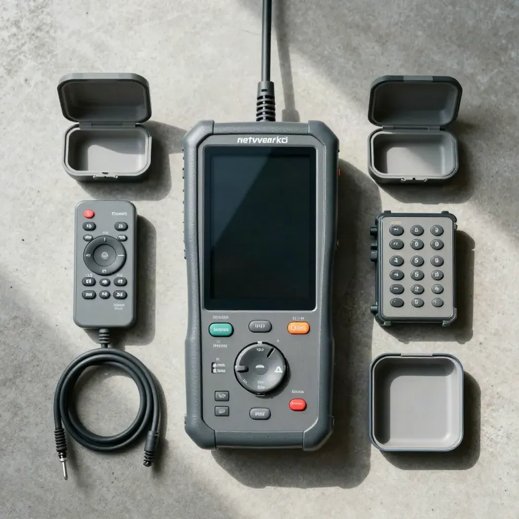 Bovenaanzicht van netwerktester set pro met module, kabel en open etui op beton.