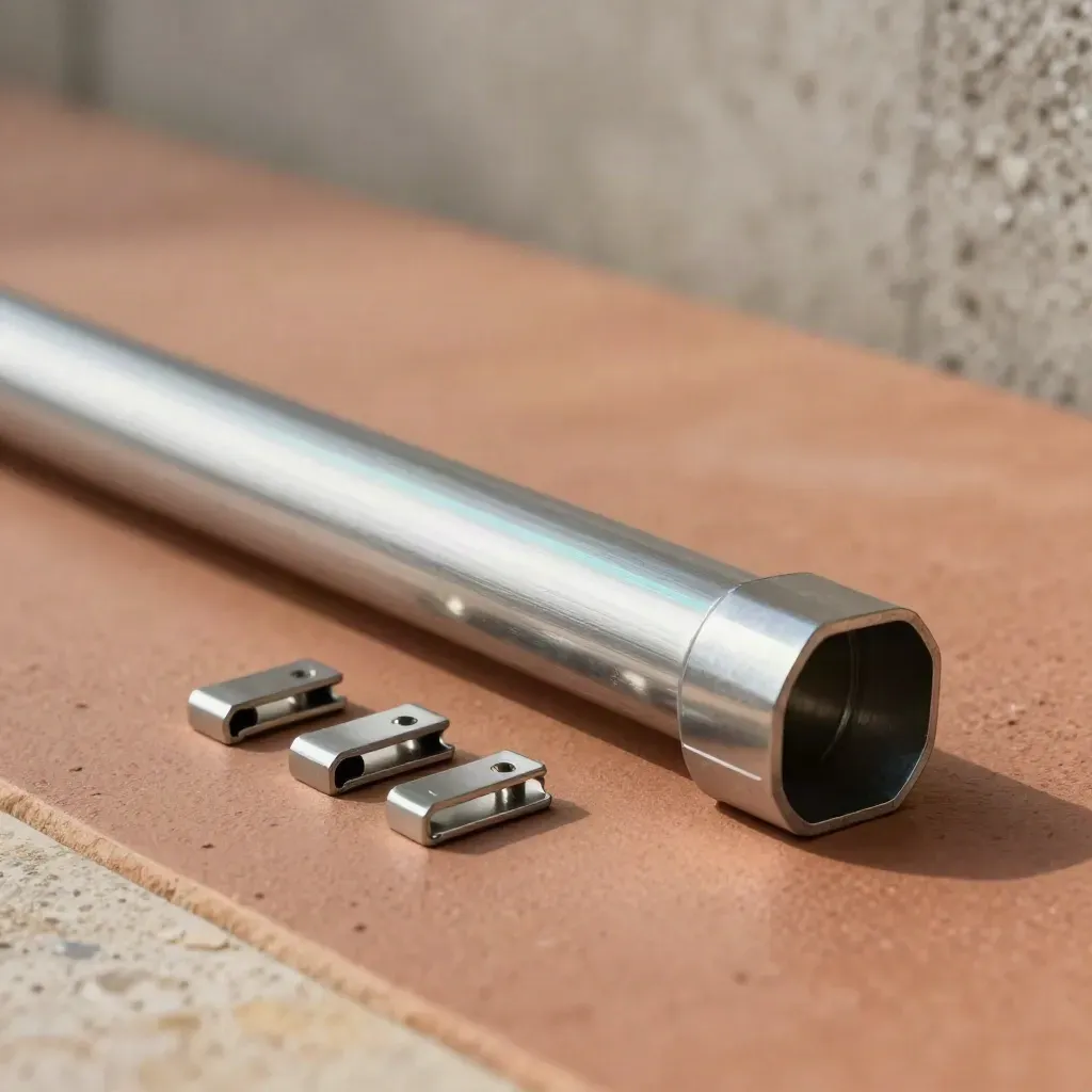 Aluminium kabelgoot met eindkap, hoekstuk en montageclips op terracotta ondergrond.