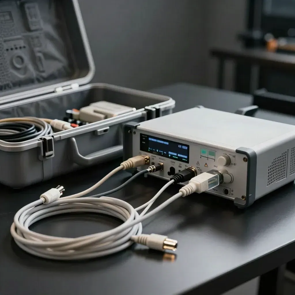 Open testkoffer met netwerkmeter, kabels en fiberaccessoire op zwarte ondergrond in dramatisch licht.
