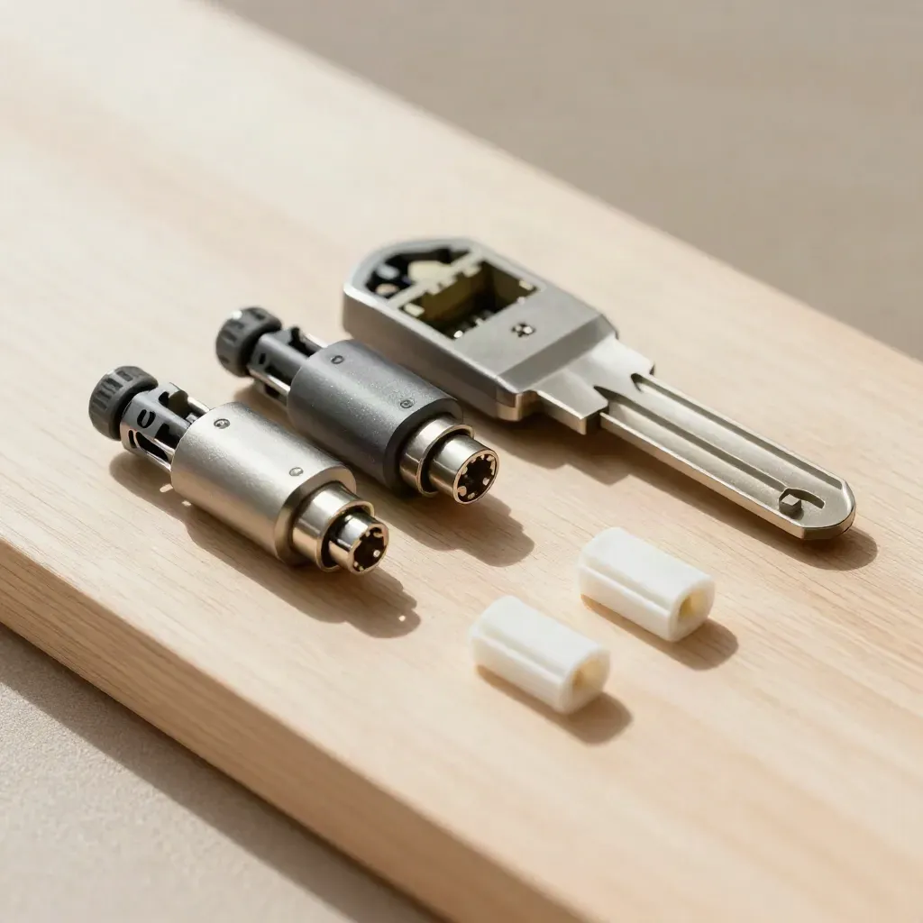 RJ45-montageset met tang, connectors en doosje op licht hout van boven gefotografeerd.