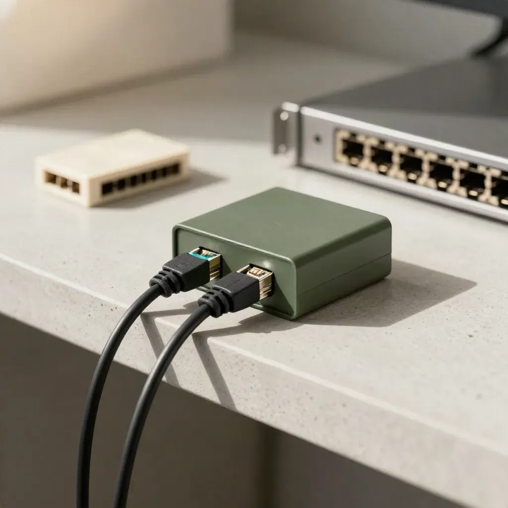 PoE-injector met twee ethernetkabels op een lichte betonnen plank.