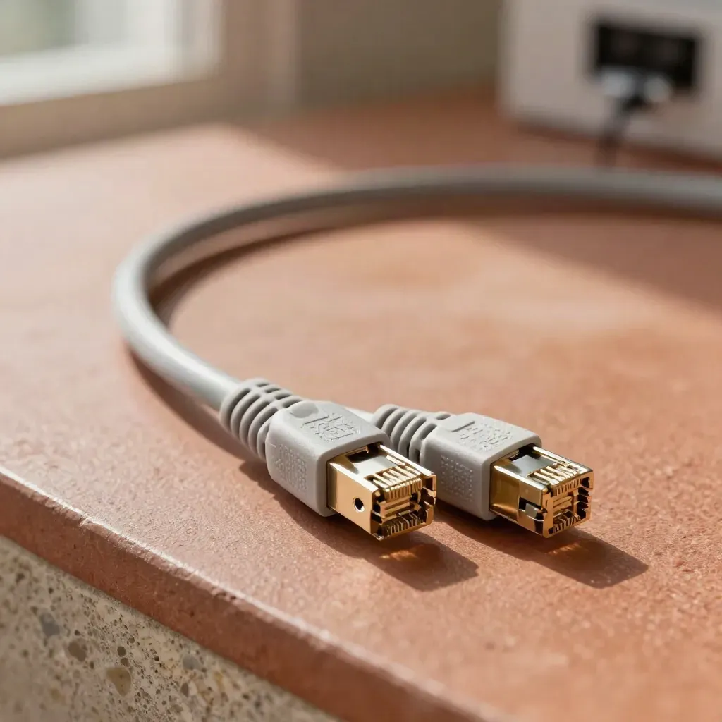 Cat6-patchkabel in S-vorm met RJ45-stekkers op warme terracottasteen