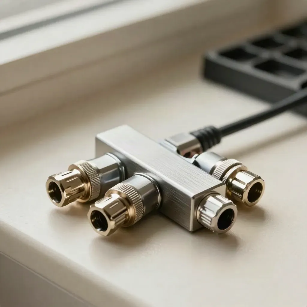 Vierweg coax splitter met F-connectors en korte coaxkabels op een lichte technische ondergrond.