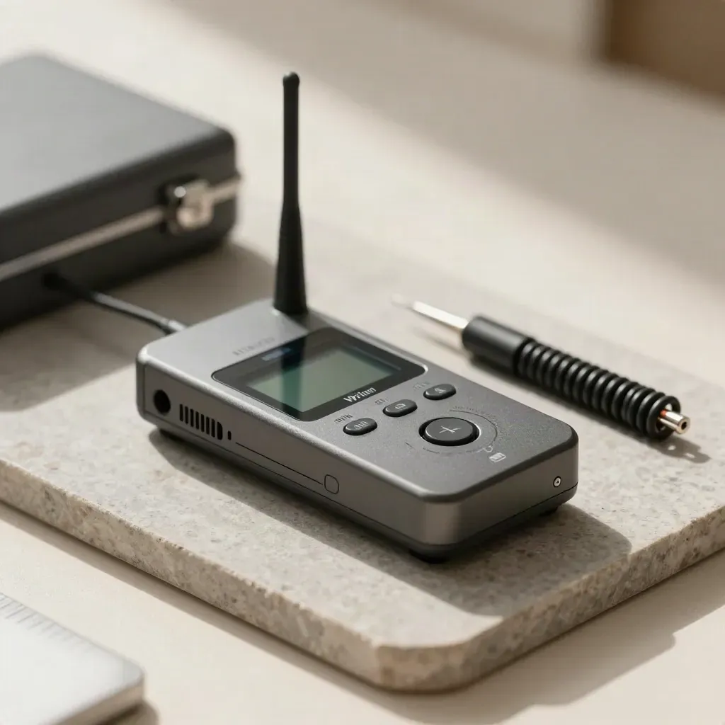Wi‑Fi meetset met analyzer, testantenne, probe en displayunit op donkere steen