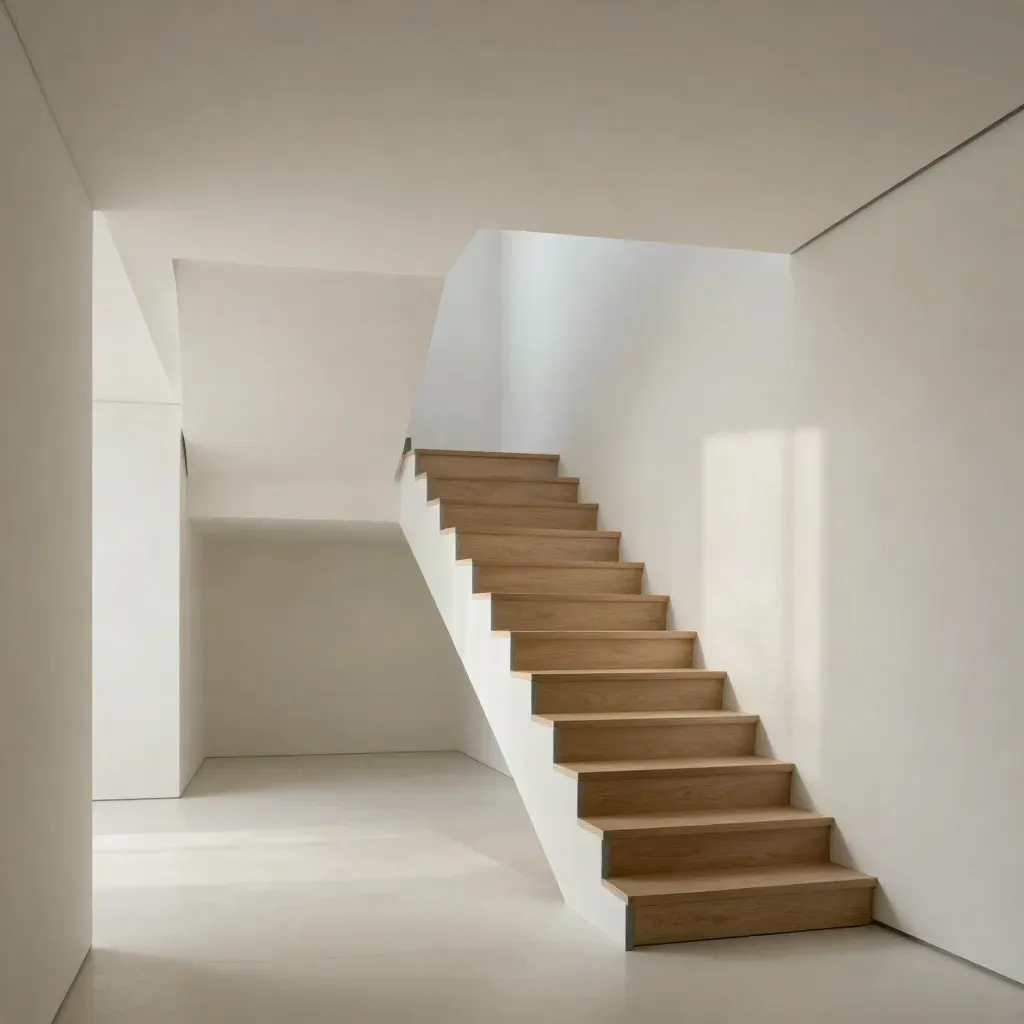 Lichte appartementengang met trappartij en subtiele kabelroute in de bovenste derde.